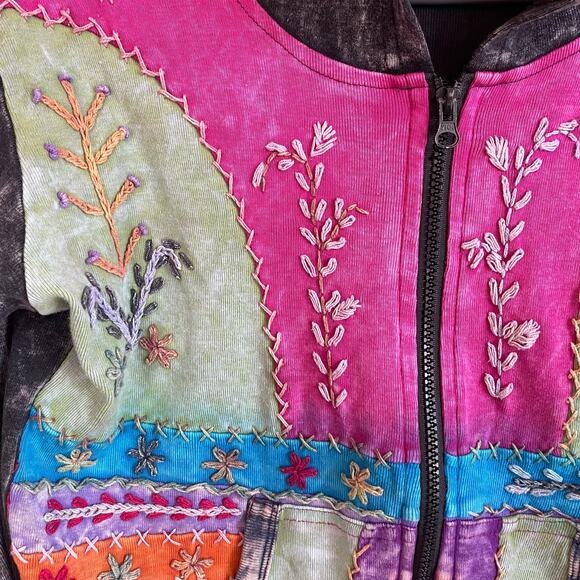 Boho Embroidered Patchwork Hooded Zip Jacket Sz M Festival Hippie - Picture 8 of 14